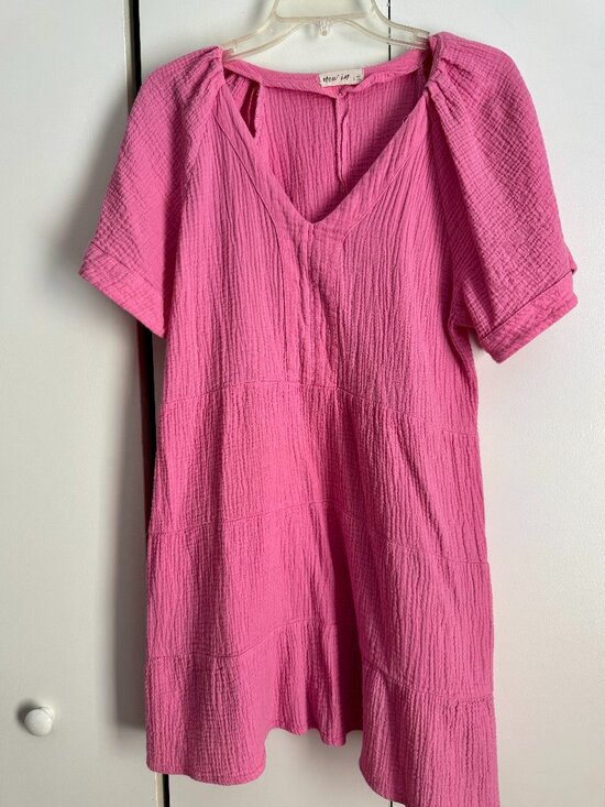 new in Dresses & Skirts - New In Pink Tiered Mini Dress V-Neck Short Sleeve Gauze Babydoll Boho Large